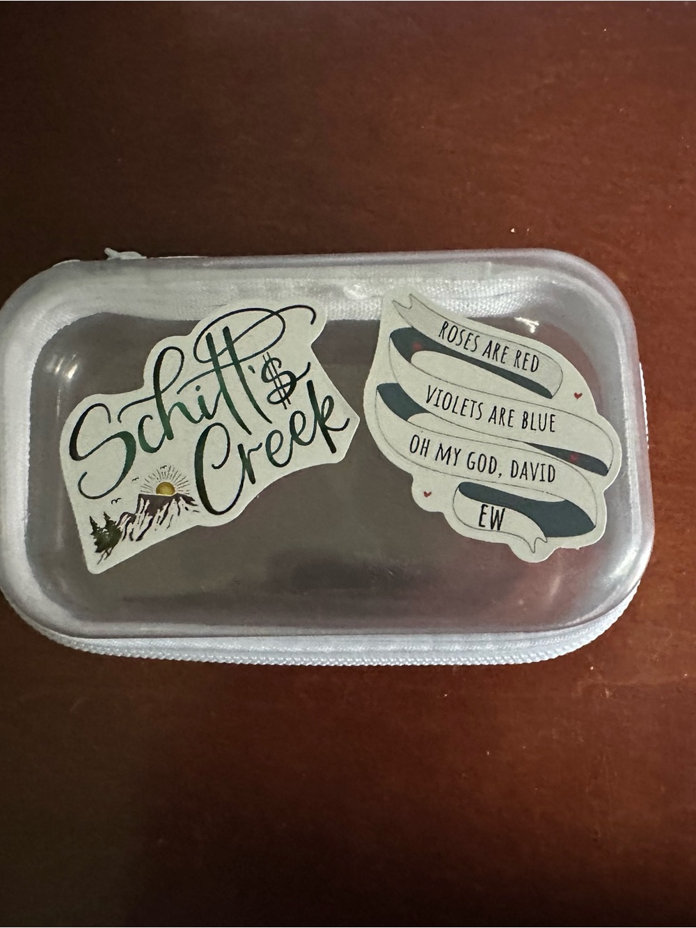 Clear Vinyl Zipper Pouch with Schitt’s Creek Stickers